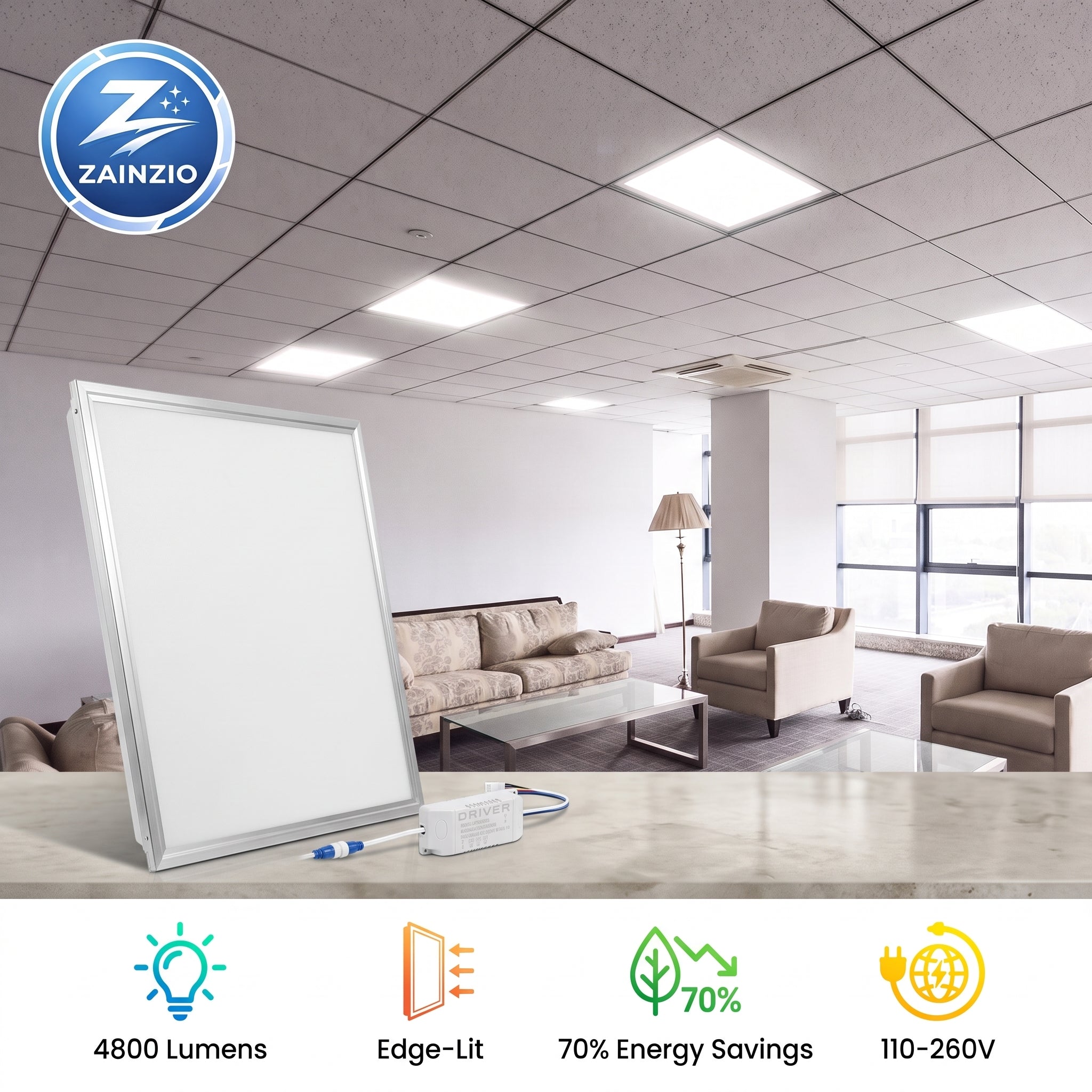 A large white LED office whiteboard with a silver frame is shown in the foreground, with a blurred office lounge room in the background. The image includes a ZAINZIO brand logo in the top-left corner and feature icons and text at the bottom highlighting 4800 lumens, edge-lit technology, energy savings, and voltage compatibility.