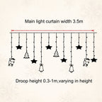 A product specification diagram showing a hanging Christmas light curtain with black star, tree, and reindeer motifs. Text reads 'Main light curtain width 3.
