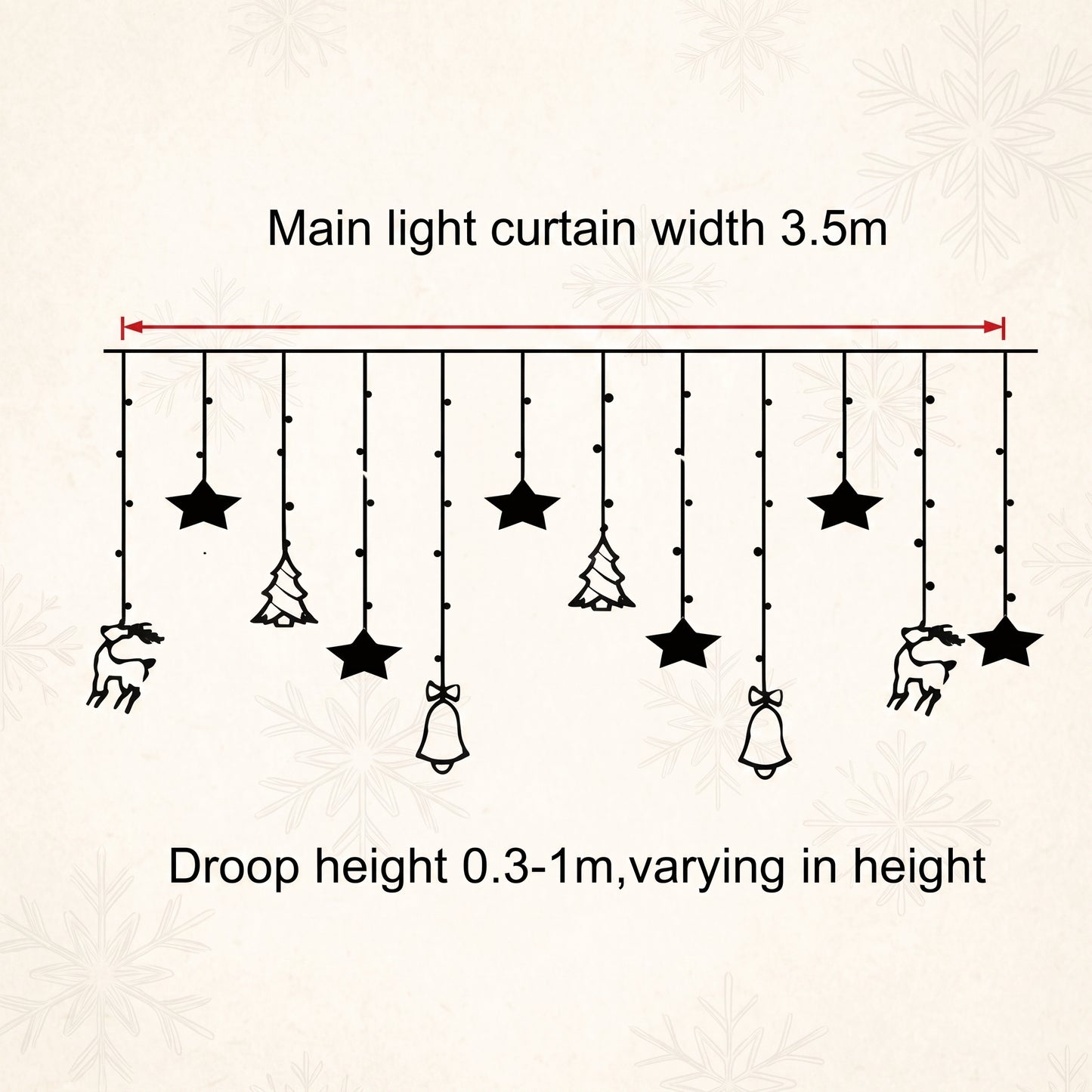 A product specification diagram showing a hanging Christmas light curtain with black star, tree, and reindeer motifs. Text reads 'Main light curtain width 3.