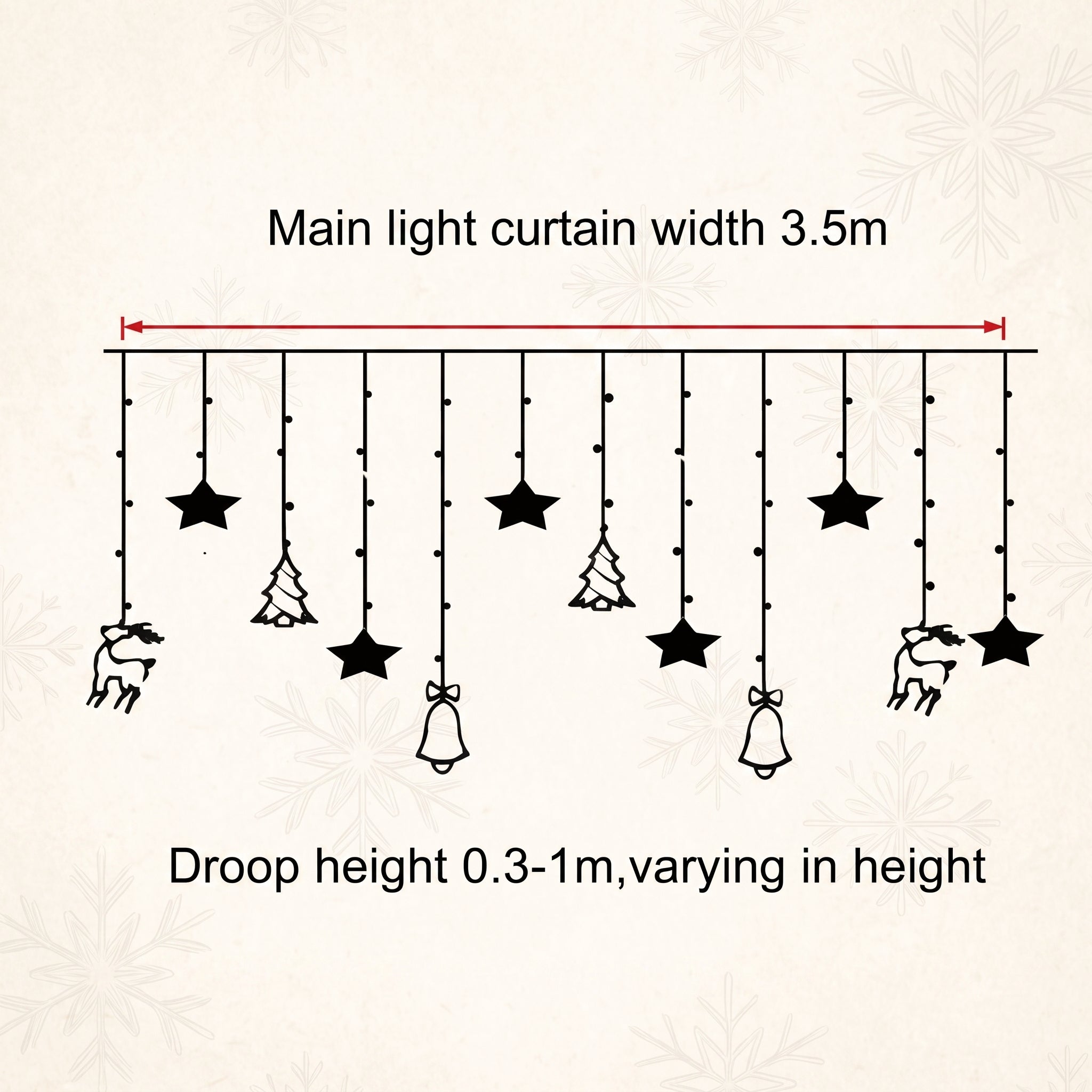 A product specification diagram showing a hanging Christmas light curtain with black star, tree, and reindeer motifs. Text reads 'Main light curtain width 3.