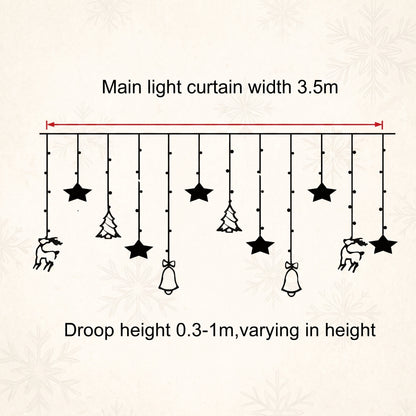 A product specification diagram showing a hanging Christmas light curtain with black star, tree, and reindeer motifs. Text reads 'Main light curtain width 3.
