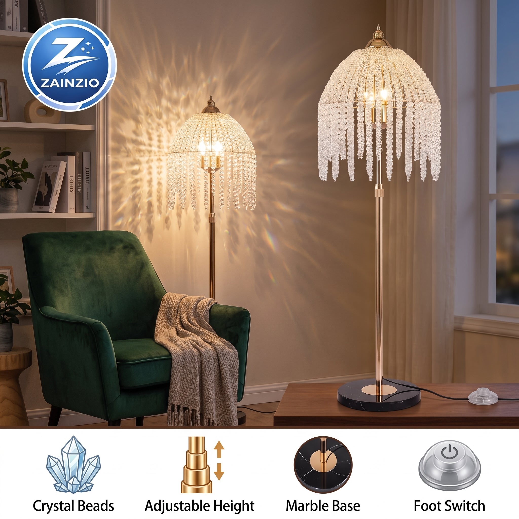 A ZAINZIO crystal chandelier floor lamp shown in a styled living room setting next to a green velvet armchair, with a second view of the lamp on a wooden table. The lamp features a dome-shaped crystal bead shade, a gold-finished stem, and a round black marble base.