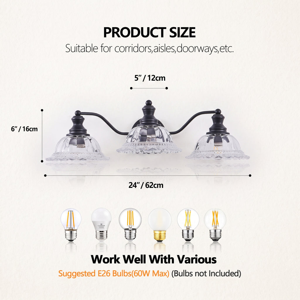 Product size diagram for a three-light wall sconce, showing dimensions of 6" height, 5" spacing between lights, and 24" total width. The fixture has a black metal frame with three clear glass shades.
