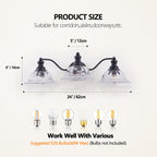 Product size diagram for a three-light wall sconce, showing dimensions of 6" height, 5" spacing between lights, and 24" total width. The fixture has a black metal frame with three clear glass shades.