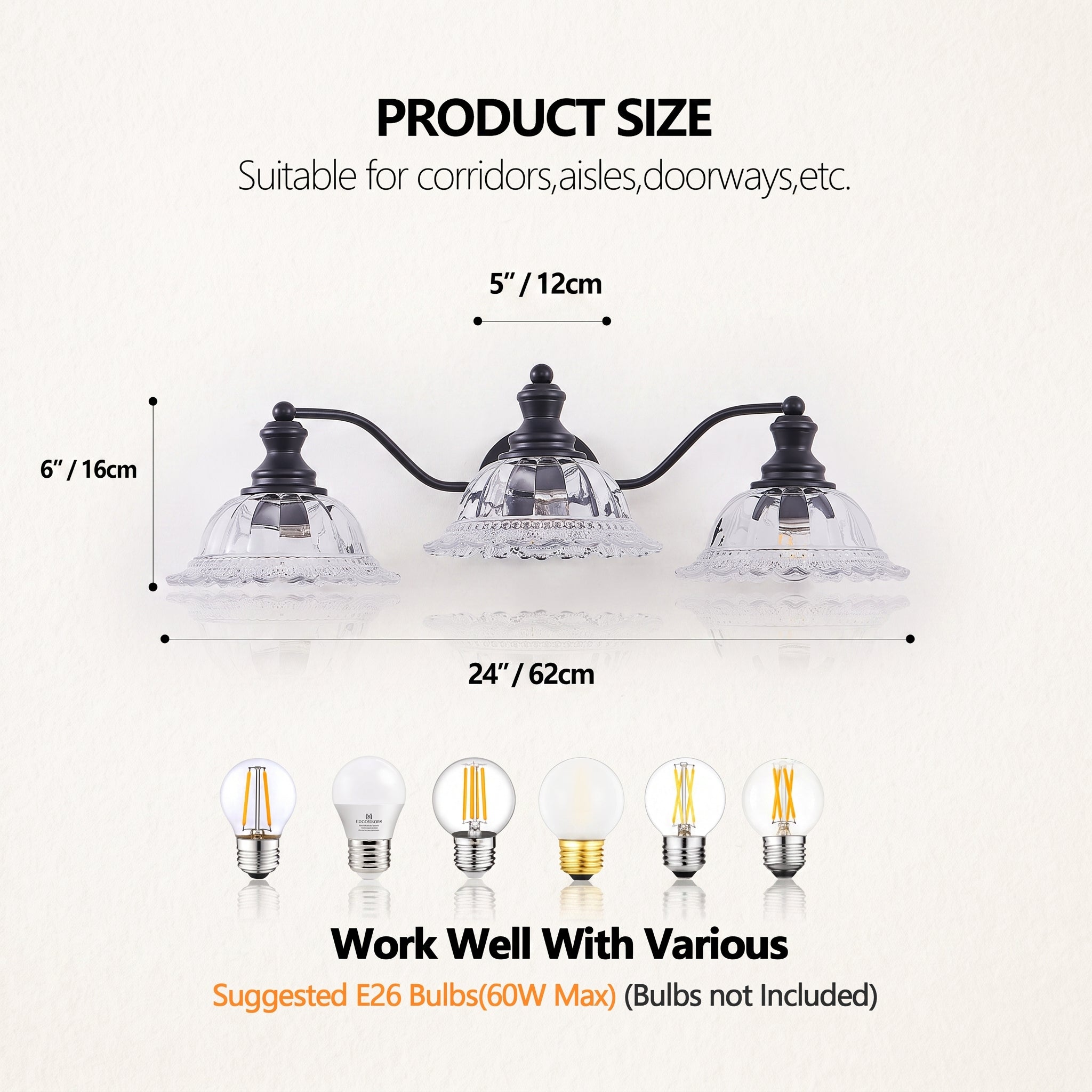 Product size diagram for a three-light wall sconce, showing dimensions of 6" height, 5" spacing between lights, and 24" total width. The fixture has a black metal frame with three clear glass shades.
