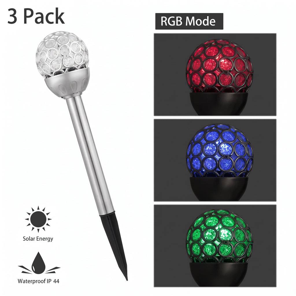 Solar garden stake lamp with a clear faceted ball top and black stake, shown on a white background with text reading '3 Pack,' 'RGB Mode,' 'Solar Energy,' and 'Waterproof IP 44.' Three inset images on the right show the ball lit in red, blue, and green.