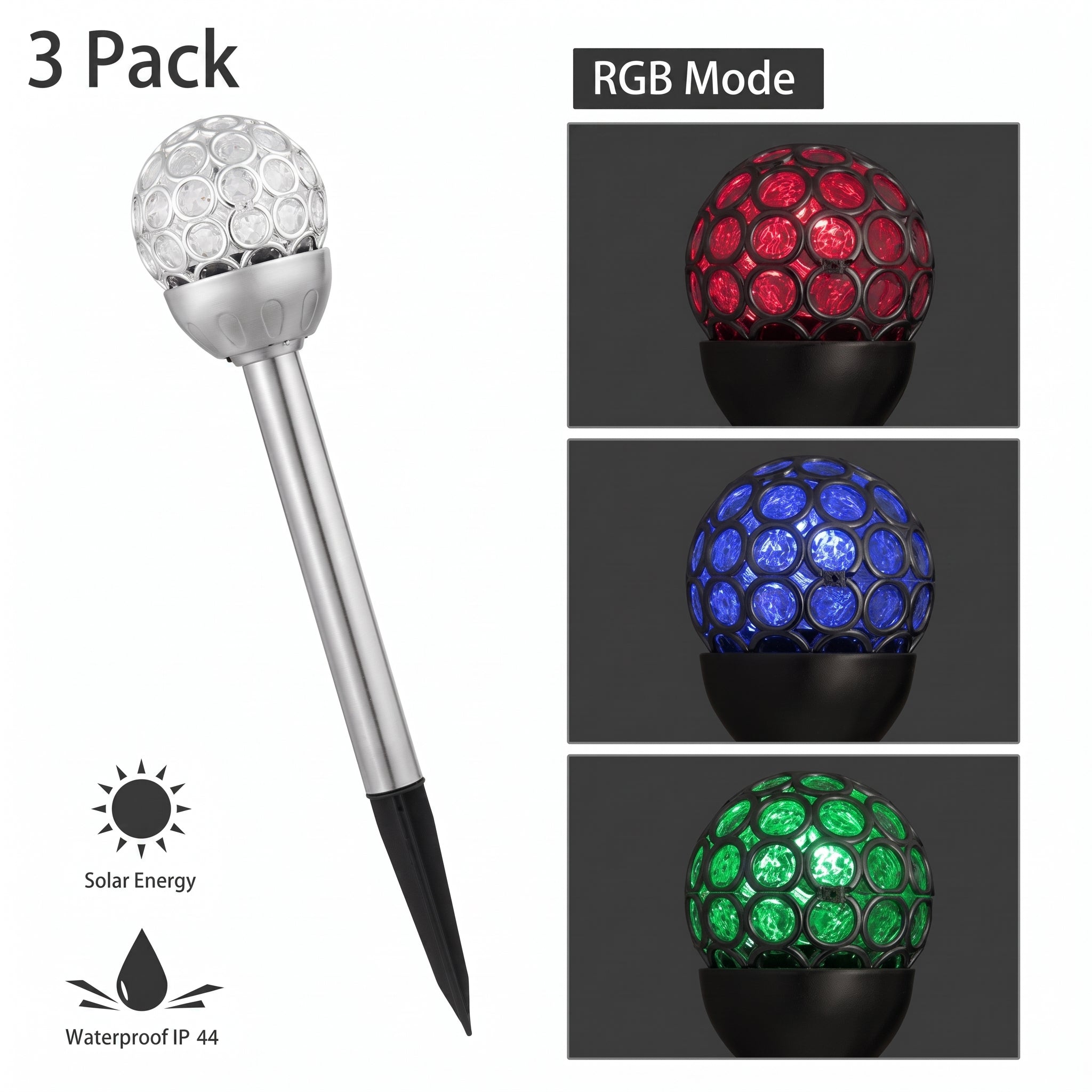 Solar garden stake lamp with a clear faceted ball top and black stake, shown on a white background with text reading '3 Pack,' 'RGB Mode,' 'Solar Energy,' and 'Waterproof IP 44.' Three inset images on the right show the ball lit in red, blue, and green.
