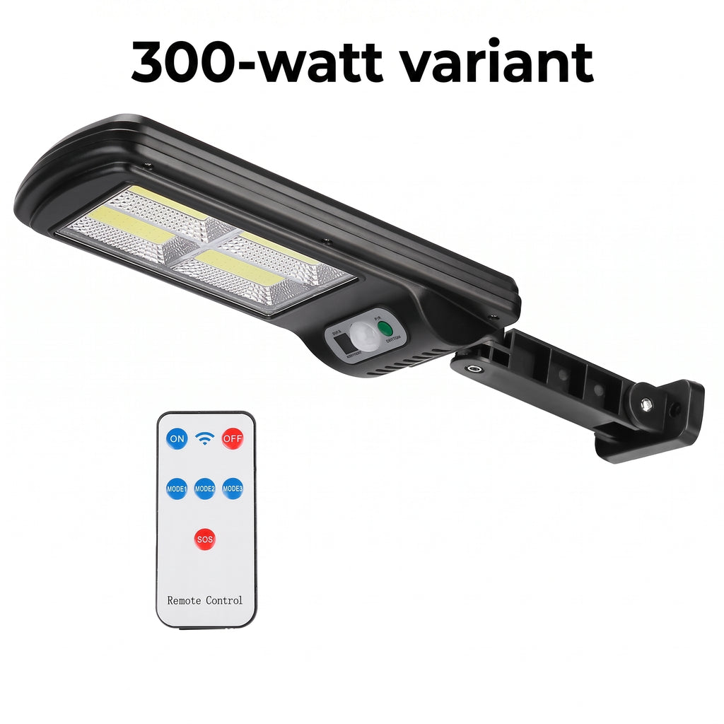 A black 300-watt solar LED light with a wall mount bracket and a separate white remote control, shown on a plain white background with the text '300-watt variant' above.