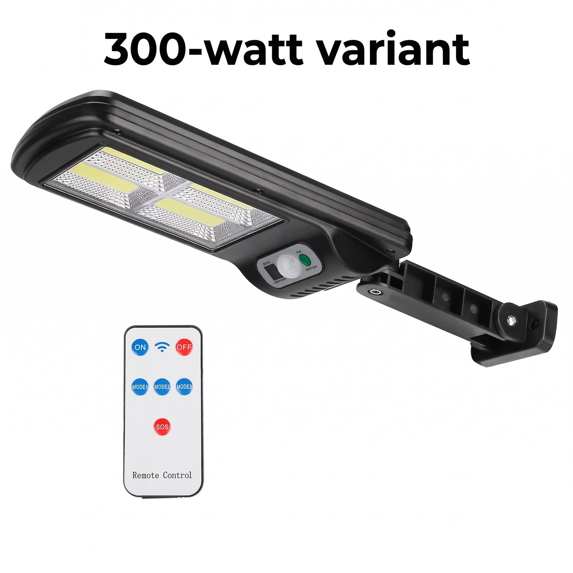 A black 300-watt solar LED light with a wall mount bracket and a separate white remote control, shown on a plain white background with the text '300-watt variant' above.