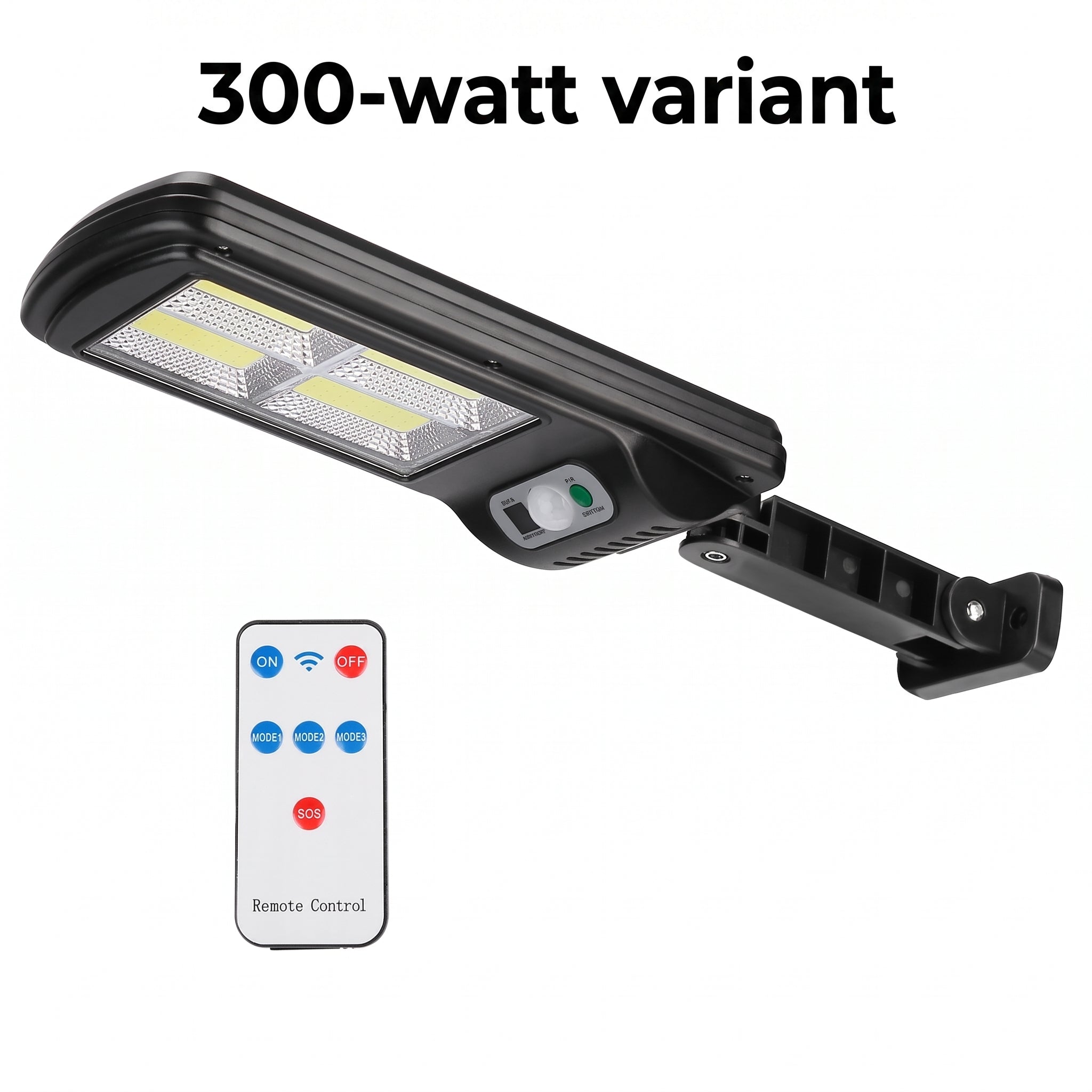 A black 300-watt solar LED light with a wall mount bracket and a separate white remote control, shown on a plain white background with the text '300-watt variant' above.