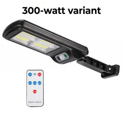 A black 300-watt solar LED light with a wall mount bracket and a separate white remote control, shown on a plain white background with the text '300-watt variant' above.