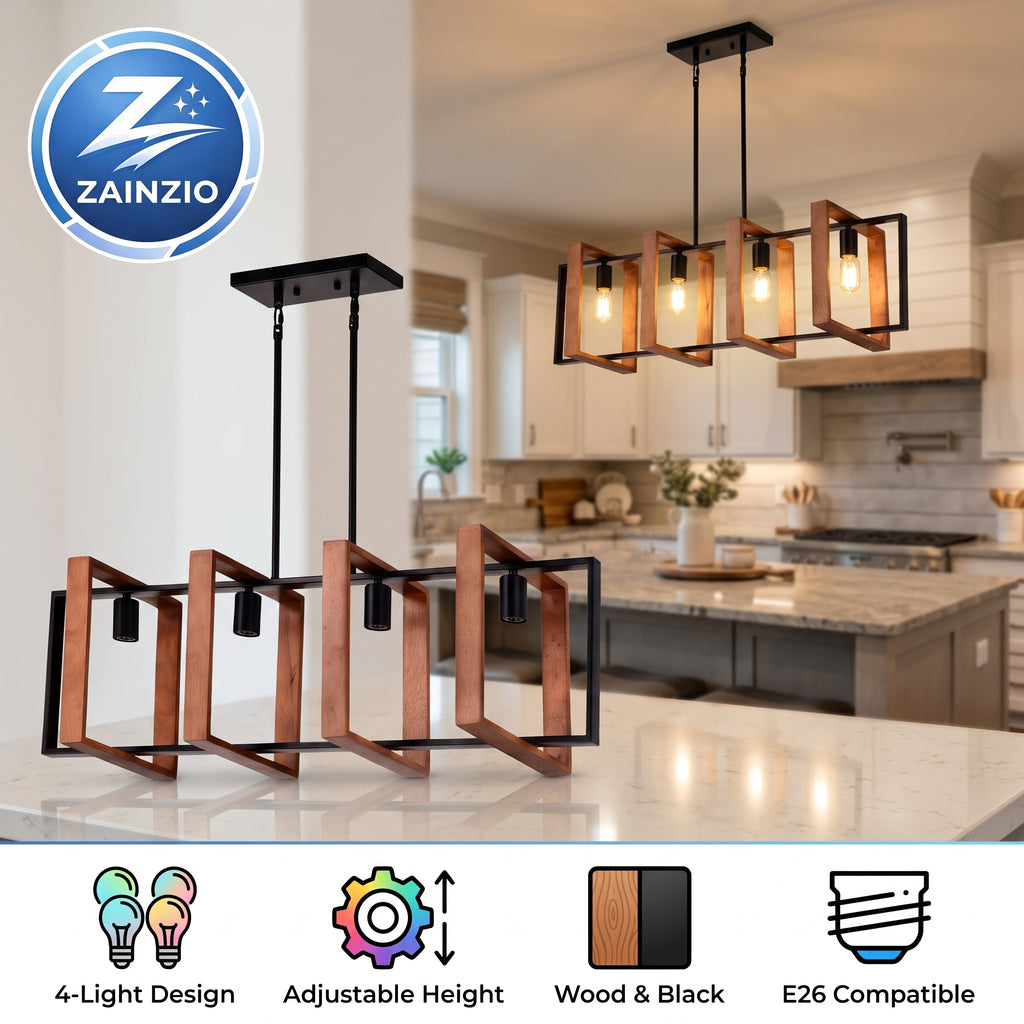 A 4-light rectangular chandelier pendant light with a black metal frame and warm copper/bronze wood accents, shown both as a standalone product on a countertop and installed in a modern kitchen. A Zainzio brand logo appears in the top-left, and feature icons for 4-light design, adjustable height, wood and black finish, and E26 bulb compatibility are shown along the bottom.