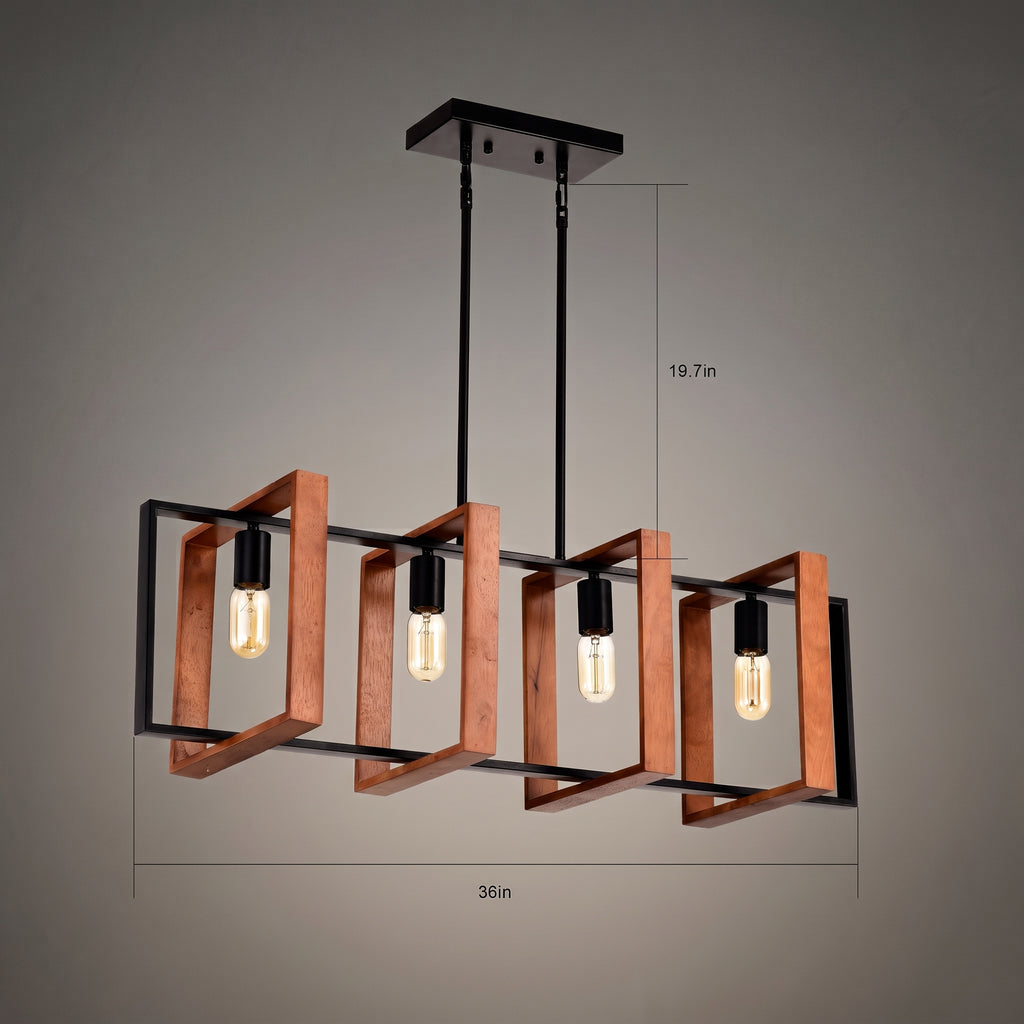 A modern multi-light linear chandelier with black metal frames and natural wood cuboid accents, featuring four hanging Edison-style bulbs. The image includes dimension lines indicating a height of 19.