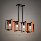 A modern multi-light linear chandelier with black metal frames and natural wood cuboid accents, featuring four hanging Edison-style bulbs. The image includes dimension lines indicating a height of 19.