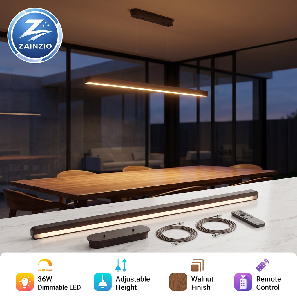 Zainzio walnut finish linear LED pendant light bar shown in a modern dining room setting, with the product components and remote control displayed on a marble countertop in the foreground. The image includes feature icons at the bottom and a Zainzio brand logo in the top left corner.
