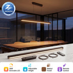 Zainzio walnut finish linear LED pendant light bar shown in a modern dining room setting, with the product components and remote control displayed on a marble countertop in the foreground. The image includes feature icons at the bottom and a Zainzio brand logo in the top left corner.