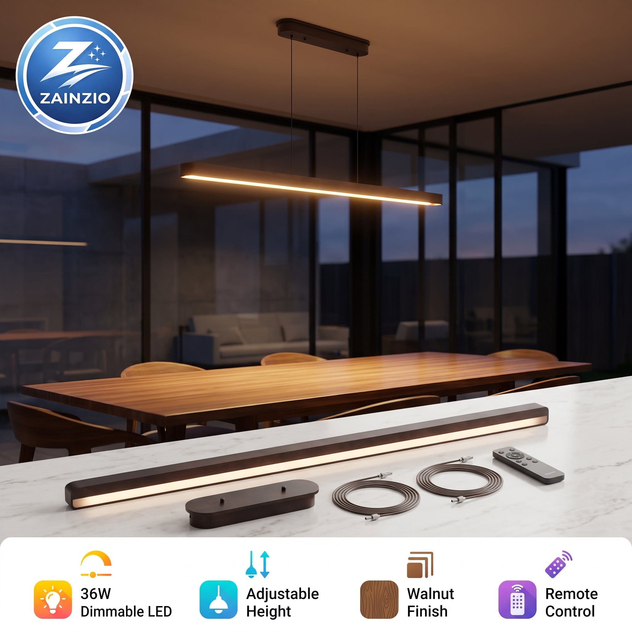 Zainzio walnut finish linear LED pendant light bar shown in a modern dining room setting, with the product components and remote control displayed on a marble countertop in the foreground. The image includes feature icons at the bottom and a Zainzio brand logo in the top left corner.