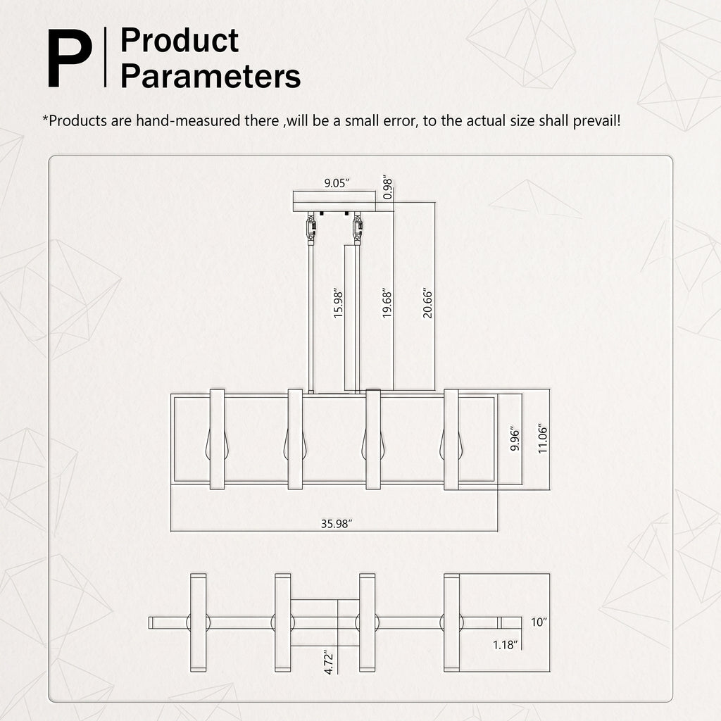 Product parameters diagram showing technical measurements and dimensions for a product, with labeled dimensions and a note acknowledging hand-measurement error.