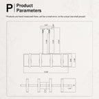 Product parameters diagram showing technical measurements and dimensions for a product, with labeled dimensions and a note acknowledging hand-measurement error.