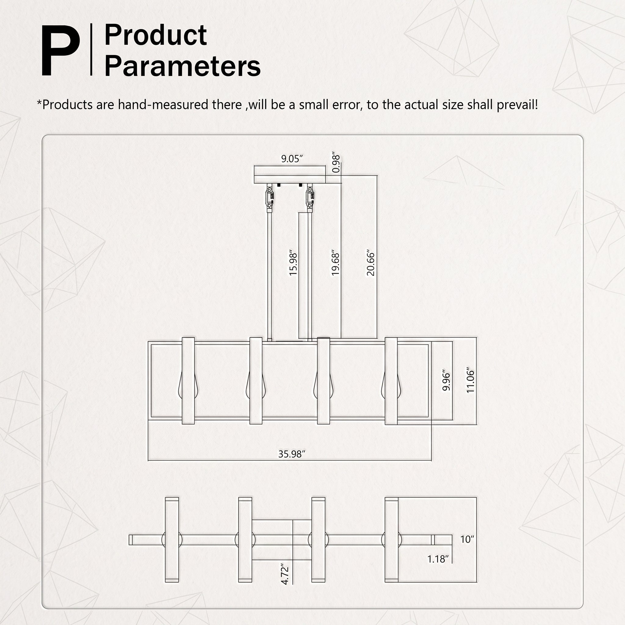 Product parameters diagram showing technical measurements and dimensions for a product, with labeled dimensions and a note acknowledging hand-measurement error.