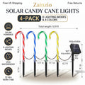 Specification overview banner for Zainzio 4-pack solar candy cane pathway lights highlighting dimensions, free US shipping, and key features.