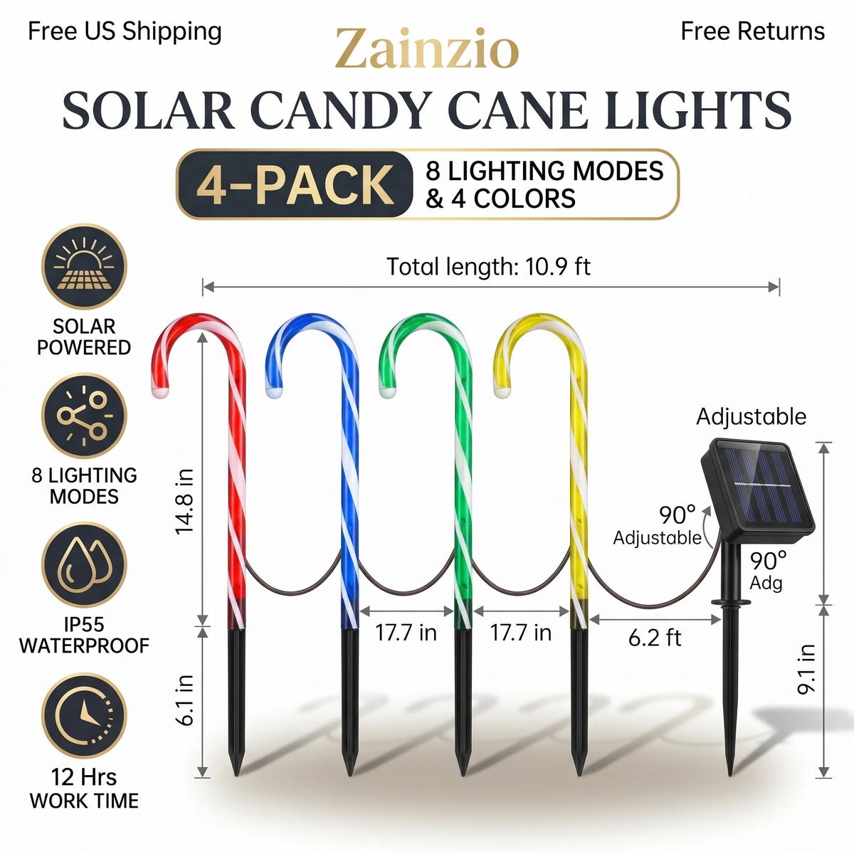 Specification overview banner for Zainzio 4-pack solar candy cane pathway lights highlighting dimensions, free US shipping, and key features.