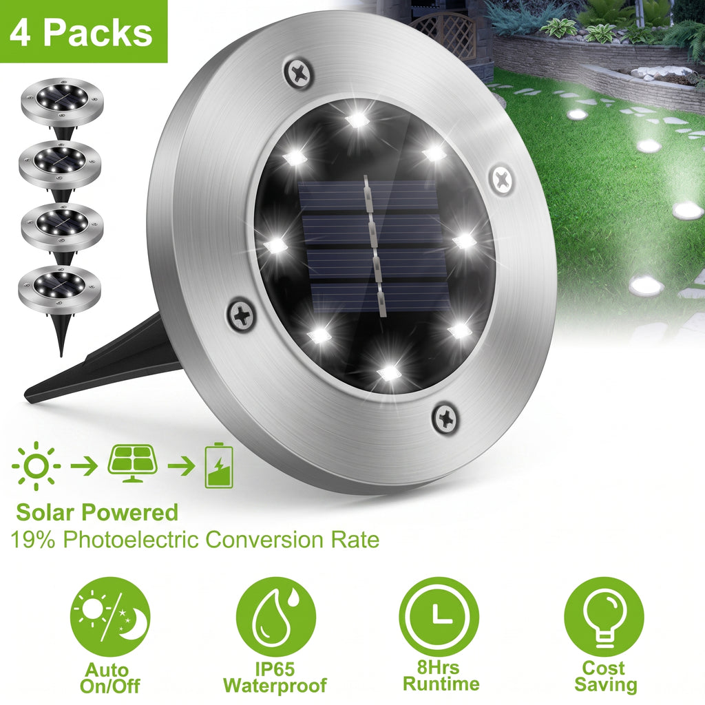 A pack of four round solar-powered outdoor landscape lights with brushed stainless steel housings, black ground stakes, and multiple built-in LED bulbs. The image includes a green lawn graphic showing light beams, text reading '4 Packs,' 'Solar Powered 19% Photoelectric Conversion Rate,' and feature icons for 'Auto On/Off,' 'IP65 Waterproof,' '8Hrs Runtime,' and 'Cost Saving.