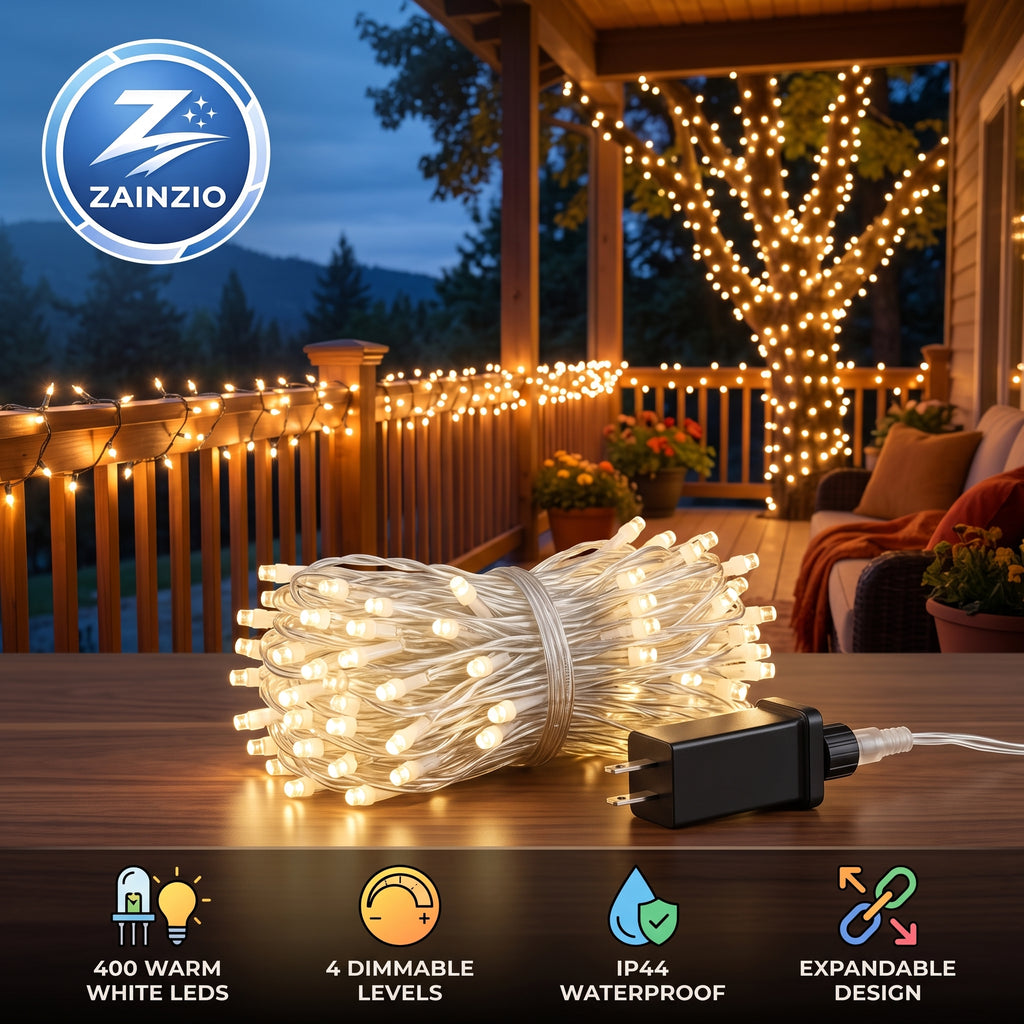 A bundle of warm white LED string lights on a wooden table next to a black plug-in adapter, with a Zainzio logo in the top left and feature icons along the bottom. The background shows a cozy outdoor patio at dusk with the string lights illuminated on a tree and railing.