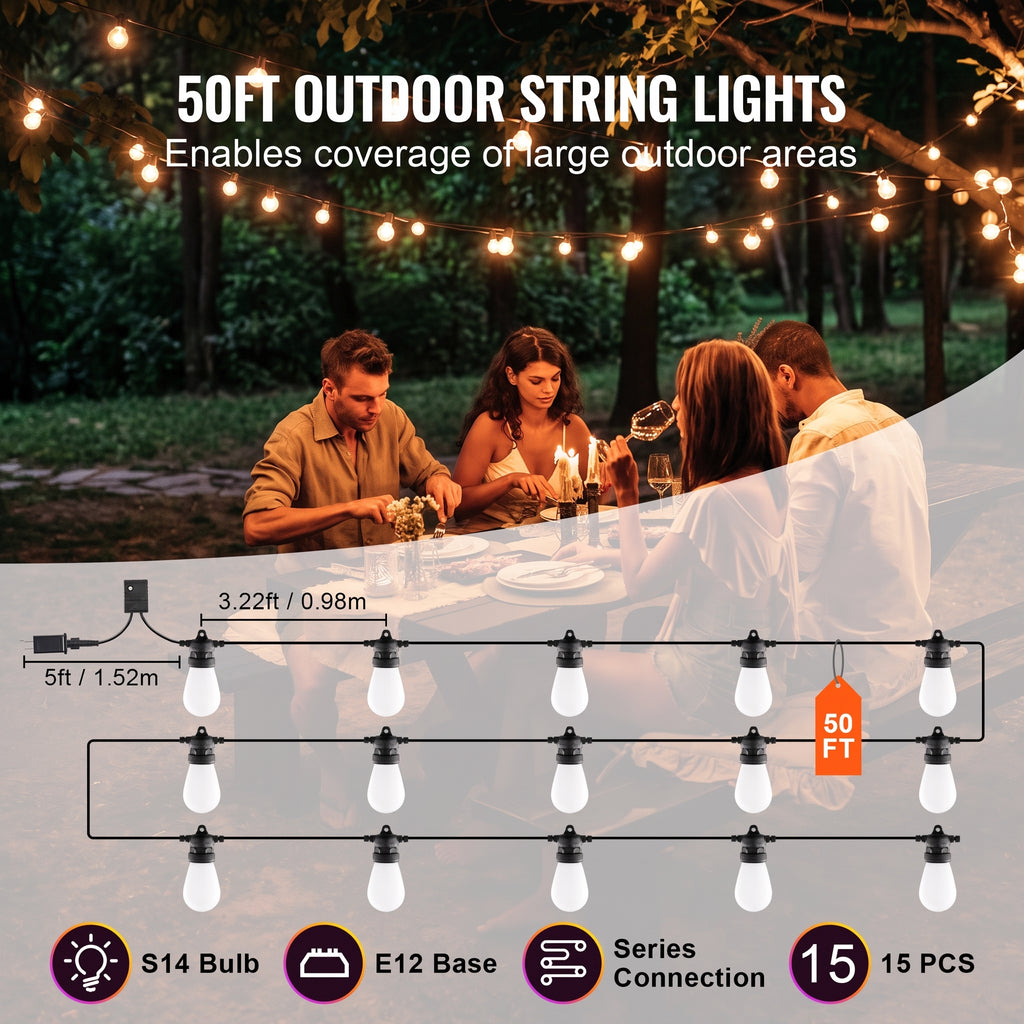 Outdoor string lights set shown with a lifestyle dinner scene, product layout diagram, dimensions, bulb type S14, E12 base, series connection, and quantity 15 pieces.