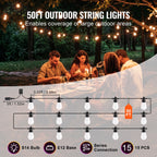 Outdoor string lights set shown with a lifestyle dinner scene, product layout diagram, dimensions, bulb type S14, E12 base, series connection, and quantity 15 pieces.