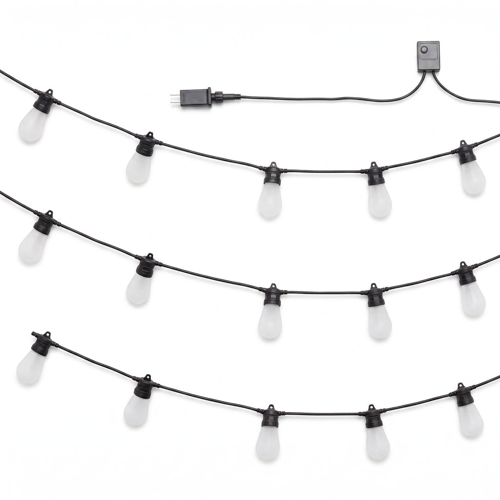 Three strands of outdoor string lights with clear frosted globe bulbs on black cords, with a power adapter and connector box shown on a white background.