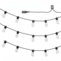 Three strands of outdoor string lights with clear frosted globe bulbs on black cords, with a power adapter and connector box shown on a white background.