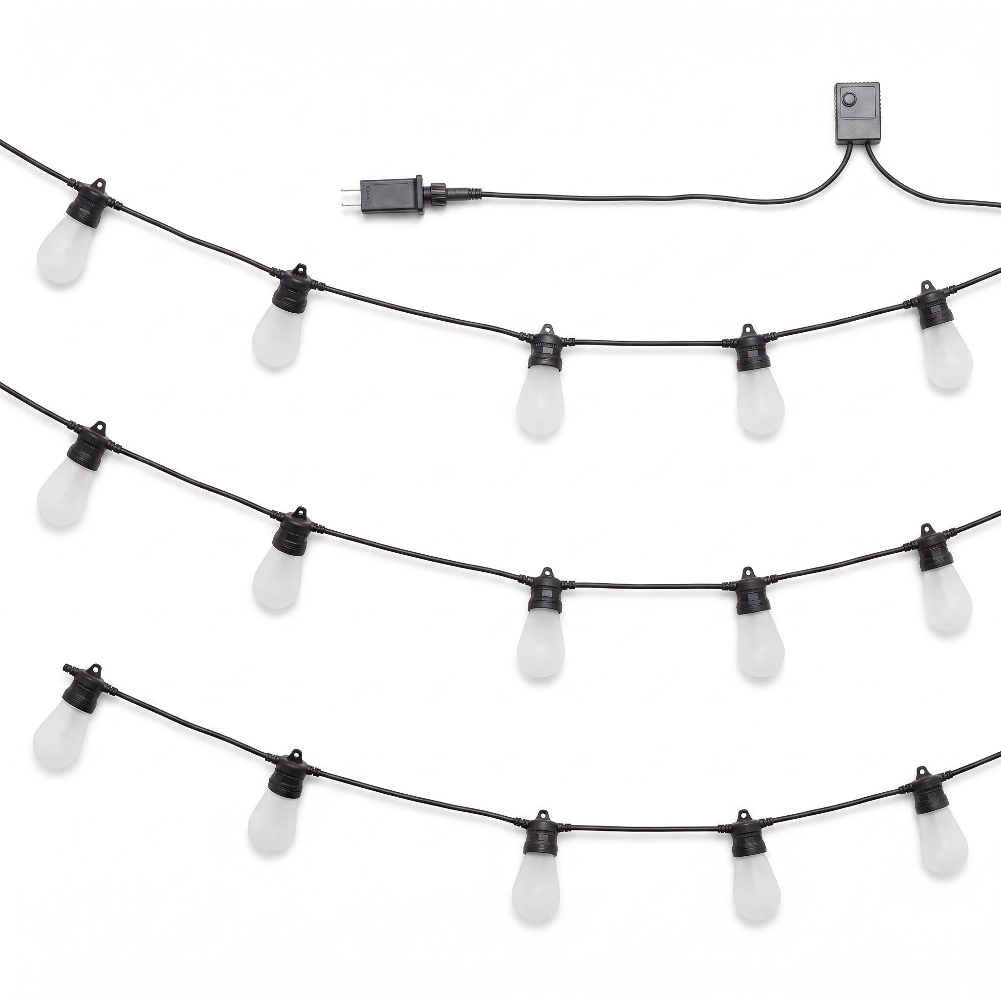Three strands of outdoor string lights with clear frosted globe bulbs on black cords, with a power adapter and connector box shown on a white background.