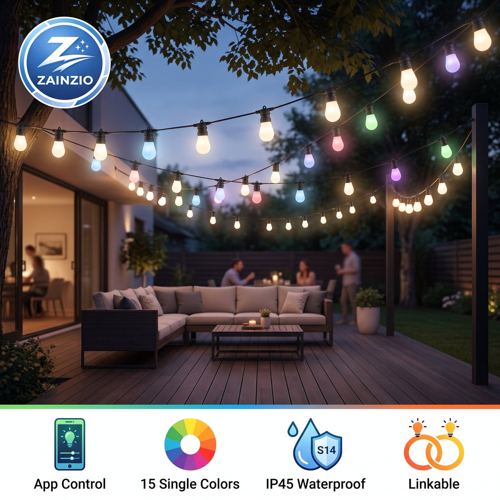 Outdoor patio string lights with warm white and multicolor bulbs hanging over a modern patio deck at dusk, with people dining in the background. A ZAINZIO logo appears in the top-left, and feature icons for app control, single-color selection, IP45 waterproofing, and linkability appear along the bottom.