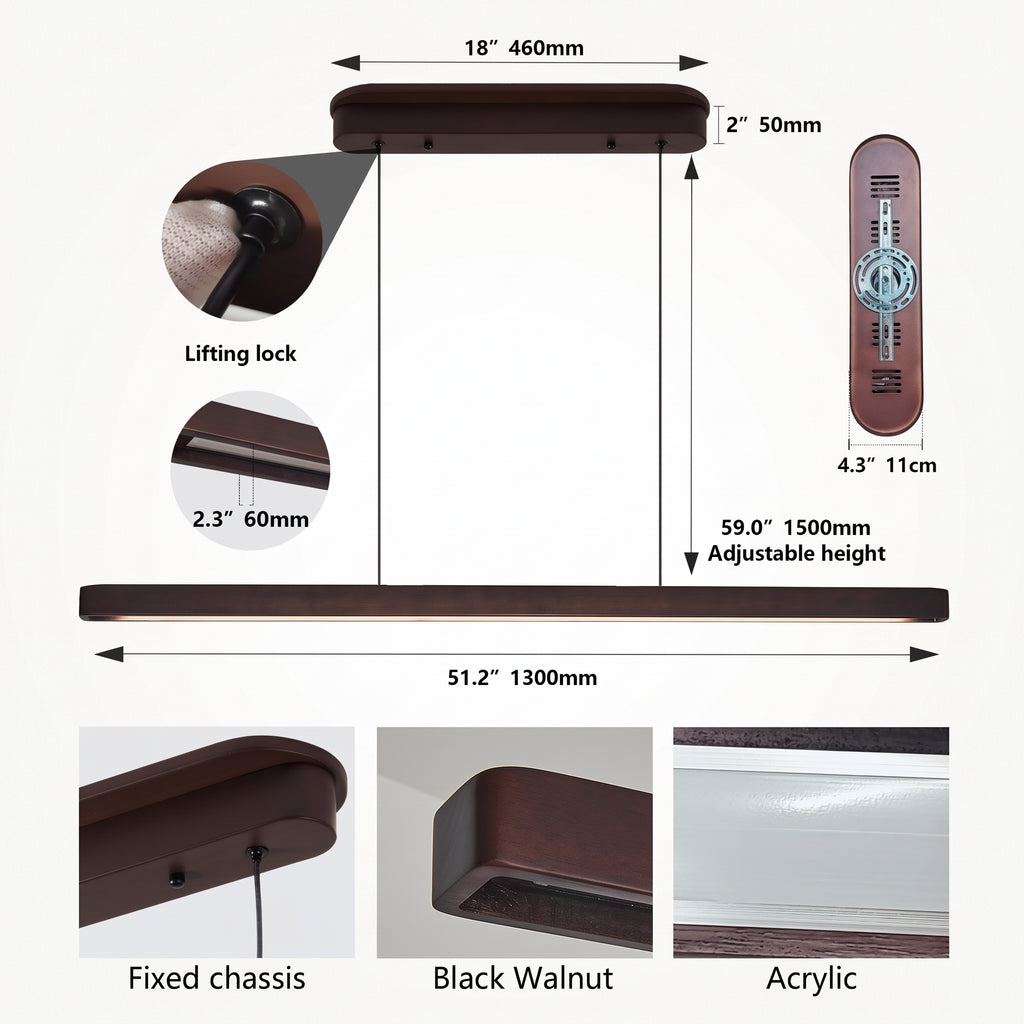 Measurement chart and product details of a wooden shelf with adjustable height, lifting lock, and options for fixed chassis, black walnut finish, and acrylic finish.