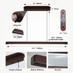 Measurement chart and product details of a wooden shelf with adjustable height, lifting lock, and options for fixed chassis, black walnut finish, and acrylic finish.