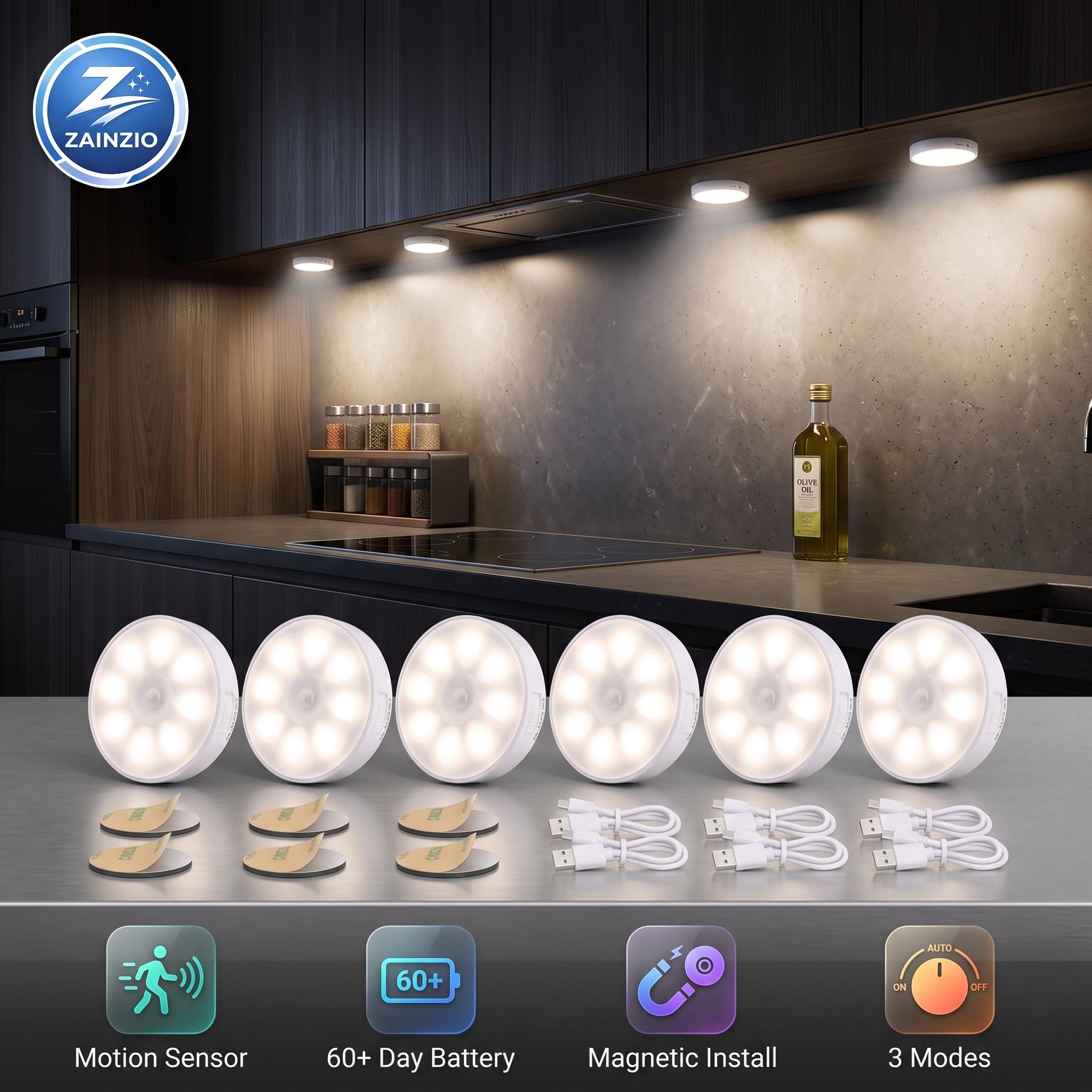 Five round white LED under-cabinet kitchen lights shown with adhesive pads, USB cables, and product icons on a countertop, with a kitchen backsplash background and ZAINZIO brand logo.