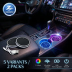 Infographic showcasing Zainzio 7-color LED car cup holder coasters with key features including vibration sensor, USB rechargeable, and auto shutoff.