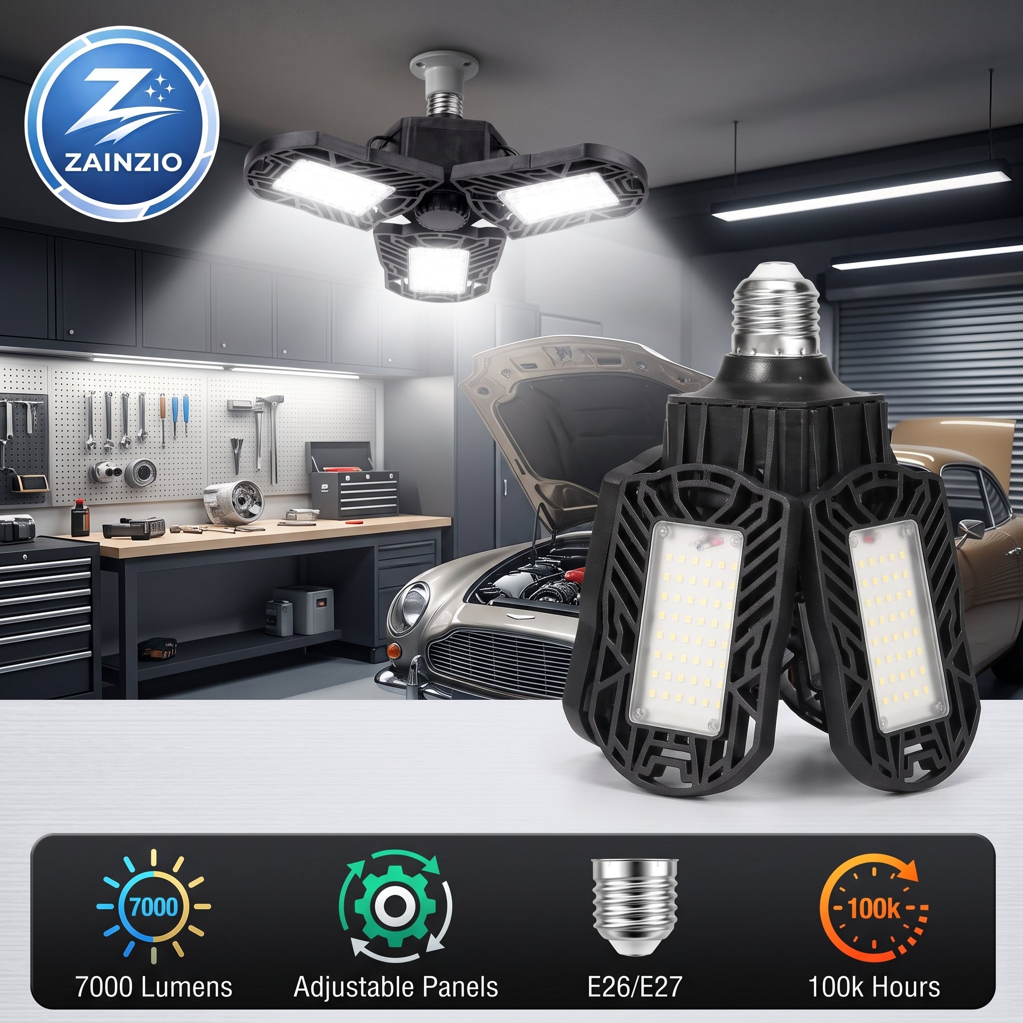 A Zainzio multi-light ceiling work light shown in a garage setting above a car, with the product also displayed prominently in the foreground. The light has a black housing with two bright white LED panels and a silver screw base.