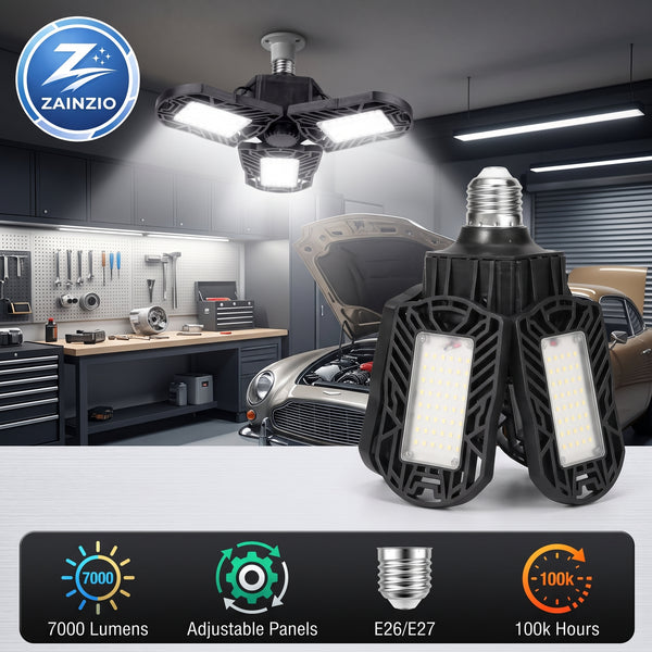 A Zainzio multi-light ceiling work light shown in a garage setting above a car, with the product also displayed prominently in the foreground. The light has a black housing with two bright white LED panels and a silver screw base.