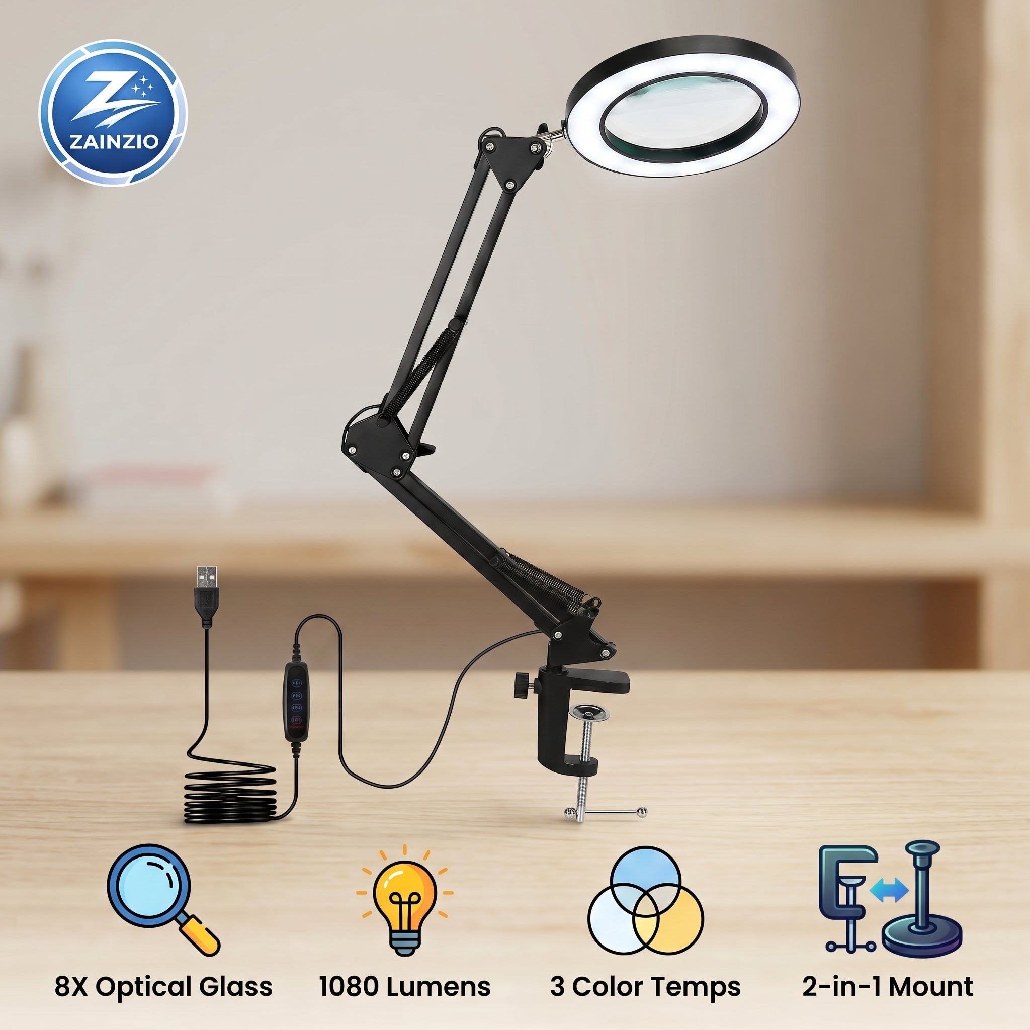 Black adjustable clamp-on magnifying lamp with a circular LED ring light, shown on a wooden desk with a USB cable and feature icons. The ZAINZIO brand logo is visible in the top left.