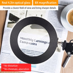A black circular magnifying glass with a metal handle and key, shown on top of a newspaper with a coffee cup in the background. Text overlays highlight its features: 'Real 4.