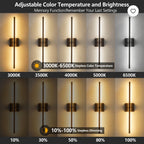 A product feature graphic for a wall-mounted linear light fixture showing nine color temperature and brightness settings from 3000K to 6500K and 10% to 100% dimming. The top text reads 'Adjustable Color Temperature and Brightness' and 'Memory Function:Remember Your Last Settings'.