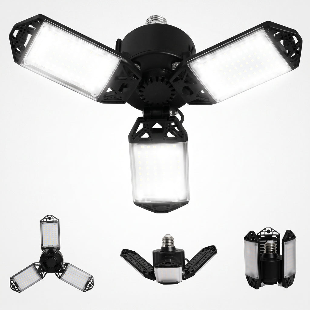 Black LED flood light with adjustable arms on a white background