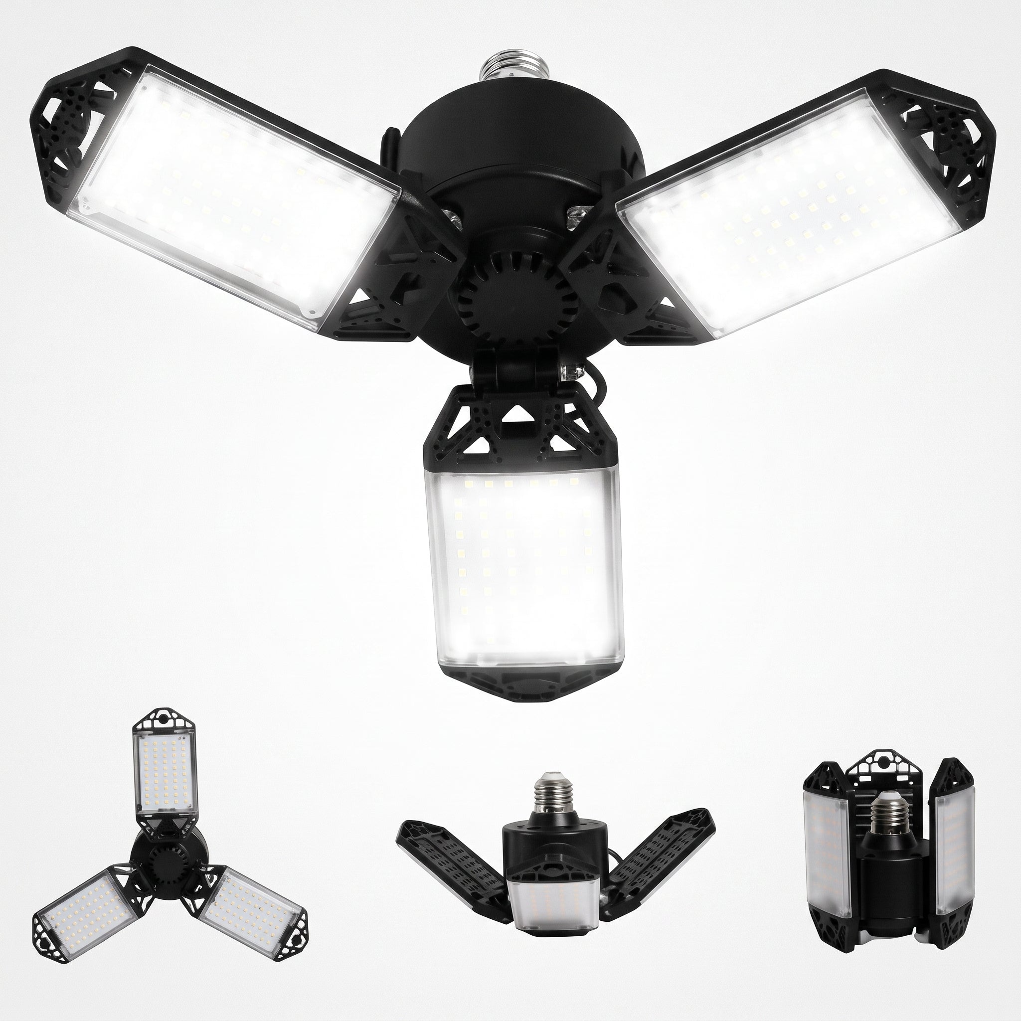 Black LED flood light with adjustable arms on a white background