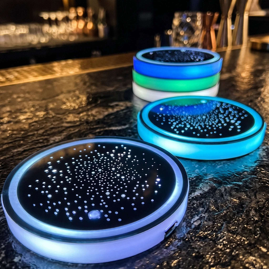 Multiple Zainzio LED car cup holder coasters stacked and glowing in blue, green, and cyan ambient lights.