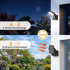 Solar-powered outdoor wall light shown mounted on a house exterior, with split lifestyle scenes at night and day demonstrating illumination and charging. Text overlays mention 8-10 hours for full charge and 10-80 hours of illumination, with an AUTO badge.