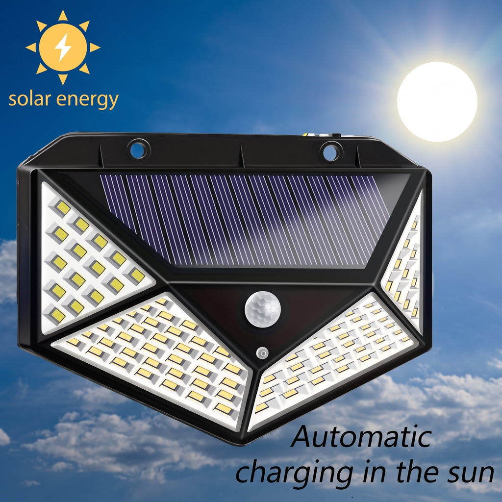 A solar-powered outdoor light fixture with multiple LED panels and a central motion sensor, shown against a blue sky with clouds and a bright sun. Text on the image reads 'solar energy' and 'Automatic charging in the sun'.