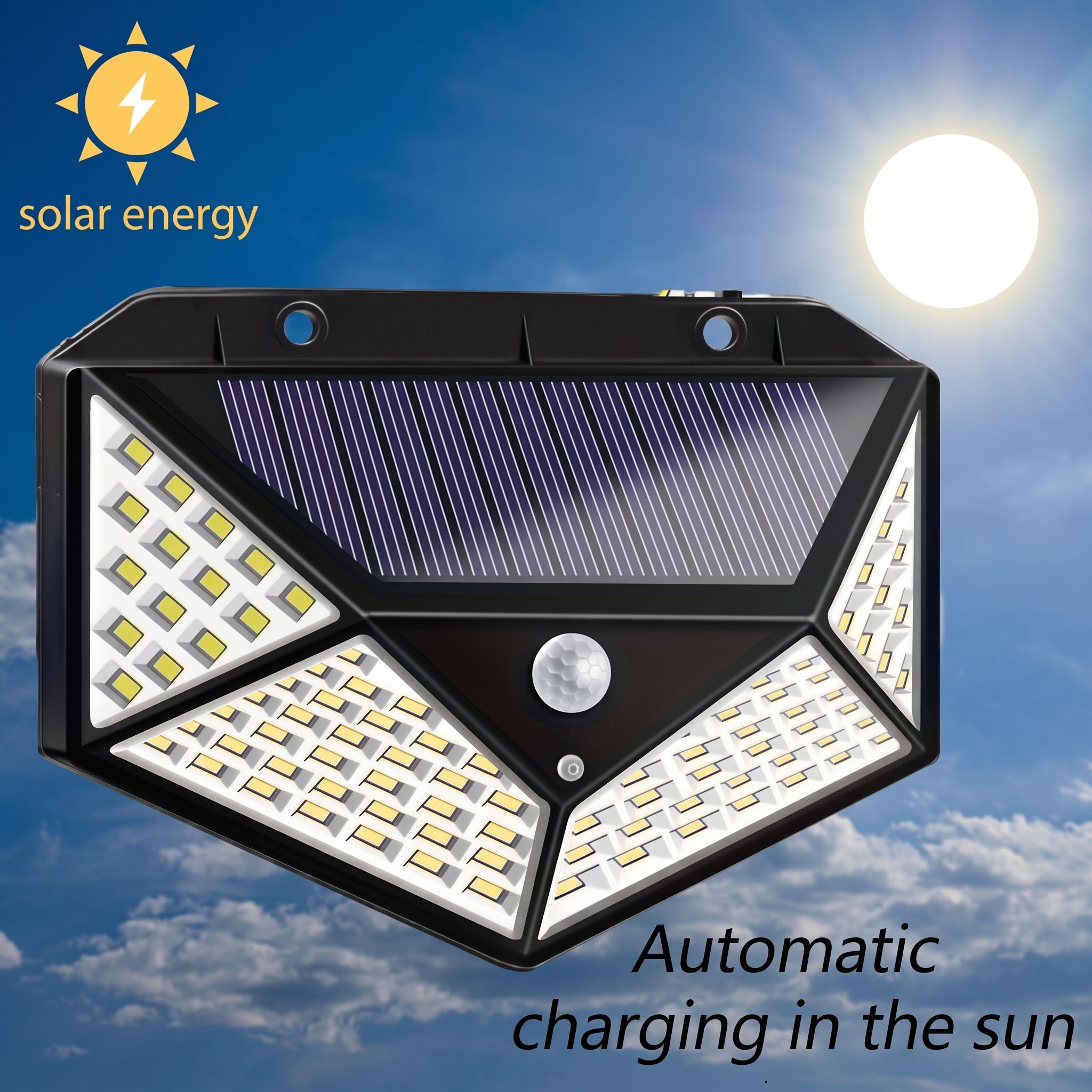 A solar-powered outdoor light fixture with multiple LED panels and a central motion sensor, shown against a blue sky with clouds and a bright sun. Text on the image reads 'solar energy' and 'Automatic charging in the sun'.