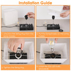 Installation guide showing four steps to assemble a table lamp: unscrewing the lampshade ring, putting the lampshade on the black lamp holder, tightening the ring inside the shade, and installing an E26 LED bulb. The steps are displayed in a four-panel grid with orange text boxes on a light gray background.
